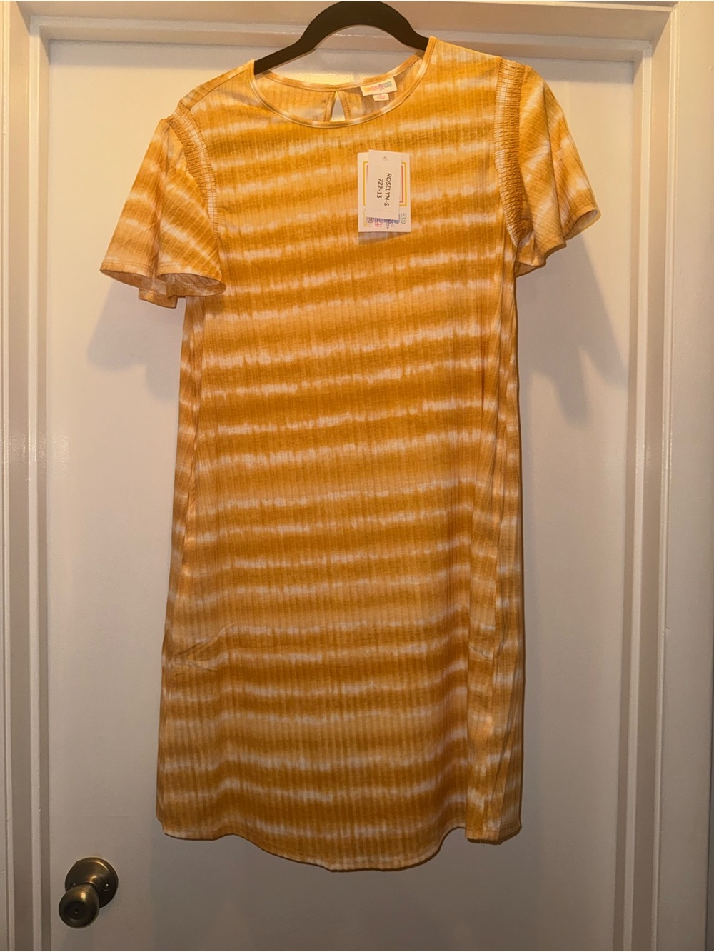 Women's Lularoe Roselyn Yellow Tie-Dye Short Sleeve Shift Dress